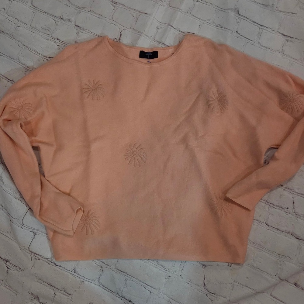 Tahari Womens Peach Embroidered Floral Dolman Sleeve Knit Sweater Size Large